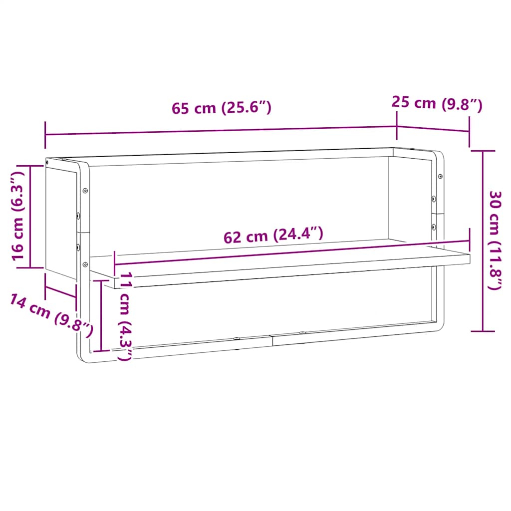 Wall shelf with a crossbar, gray oak color, 65x25x30cm