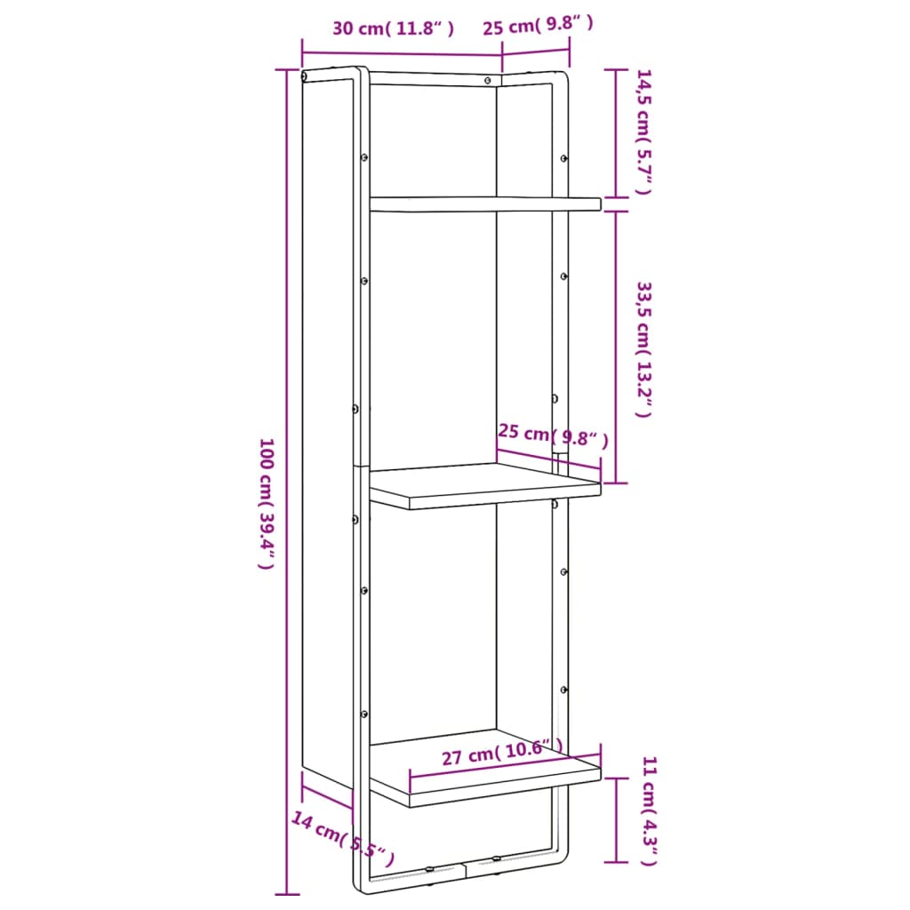 Wall shelf, 3-tier, brown, 30x25x100cm, treated wood