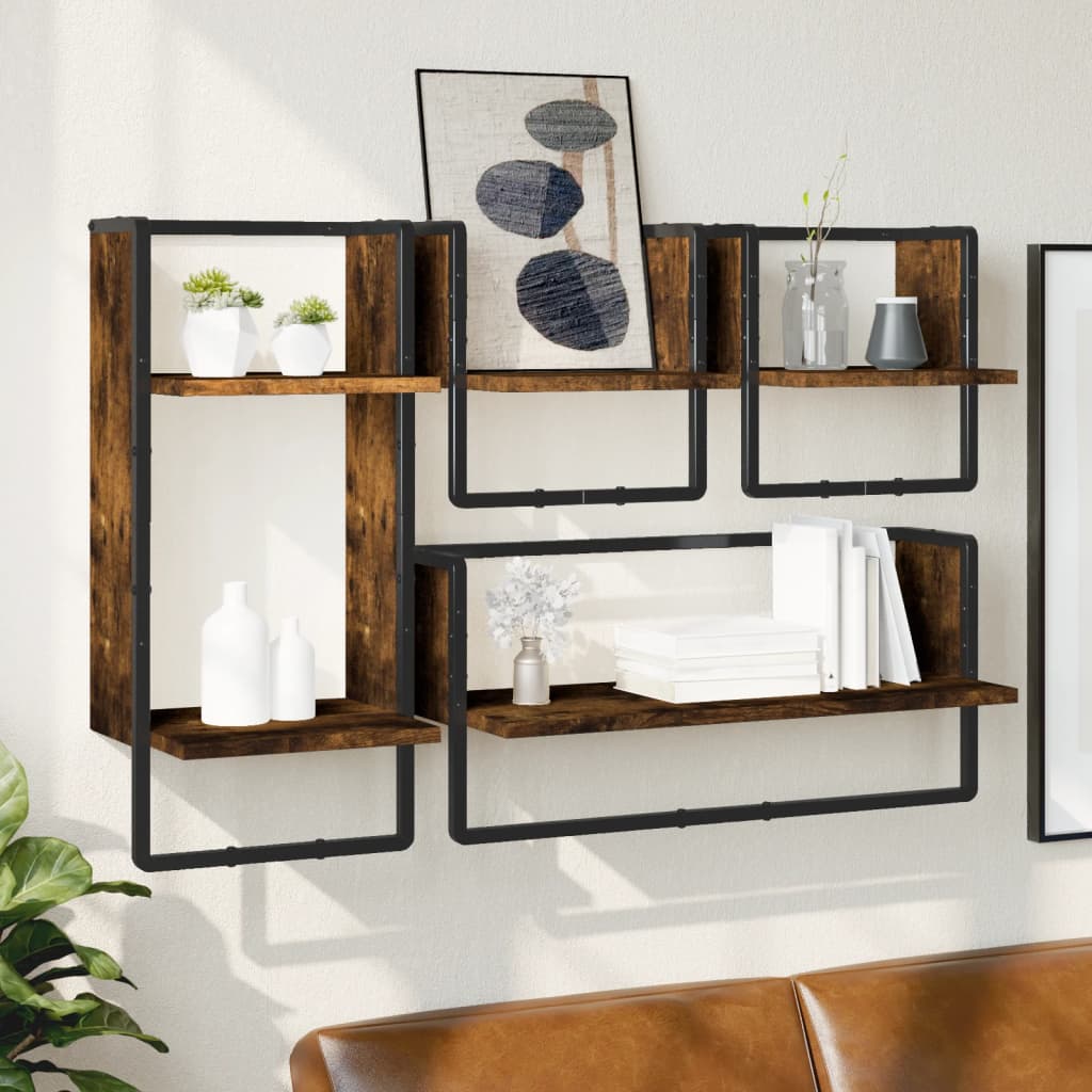 Wall shelf set, 4 pcs., smoked, engineered wood