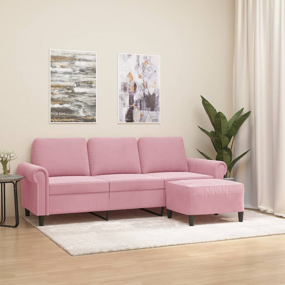 Trivietė sofa su pakoja, rožinės spalvos, 180cm, aksomas