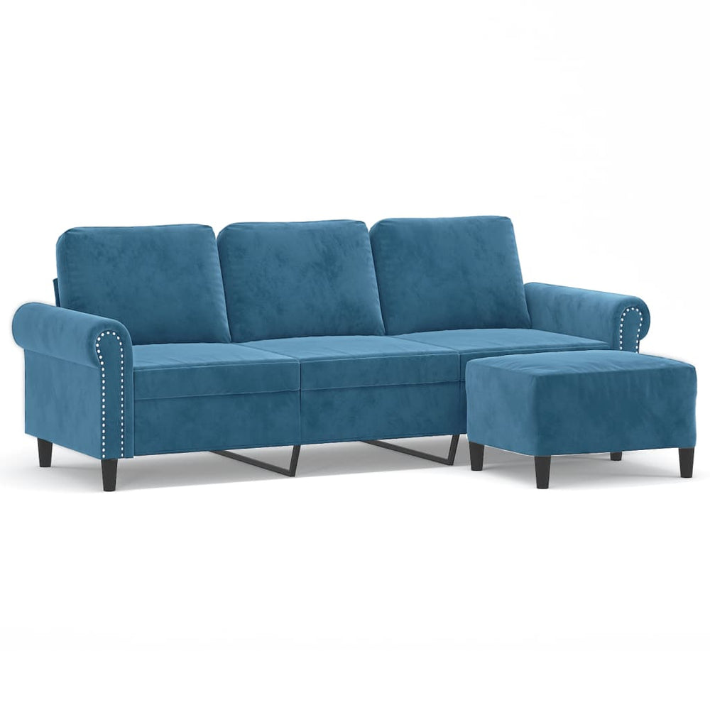 Trivietė sofa su pakoja, mėlynos spalvos, 180cm, aksomas