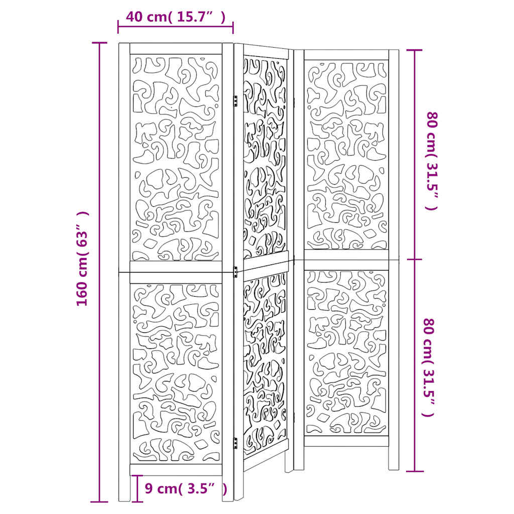 Room divider, 3 segments, white, paulownia solid wood