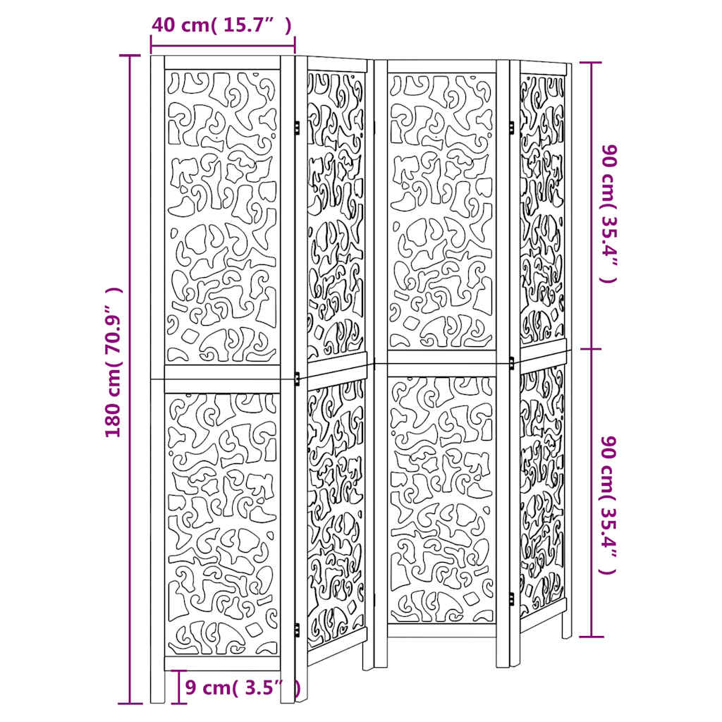 Room divider, 4 segments, white, solid paulownia wood