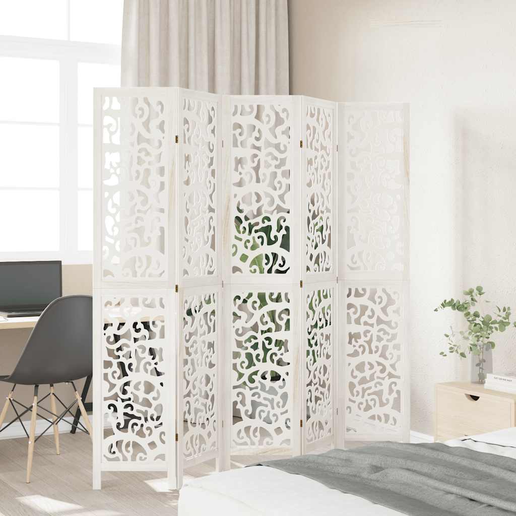 Room divider, 5 panels, white, solid paulownia wood