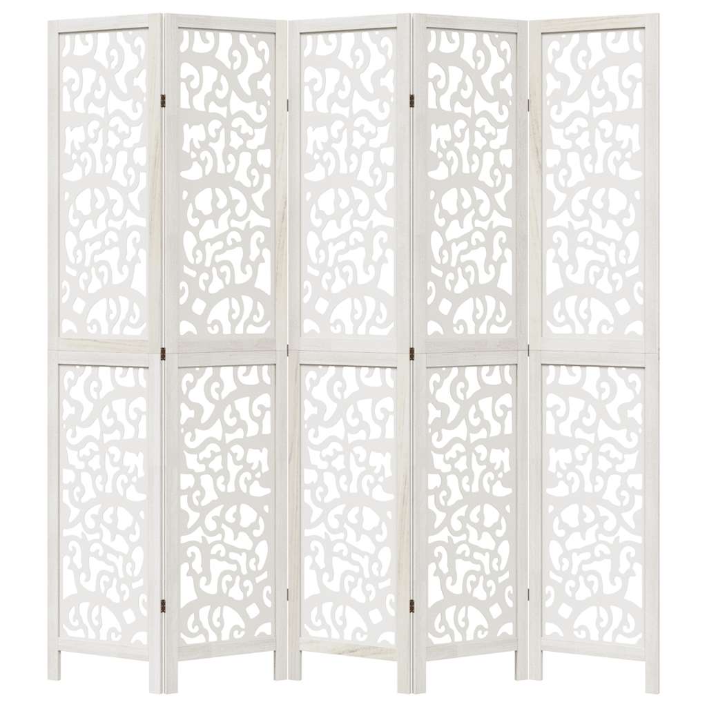 Room divider, 5 panels, white, solid paulownia wood