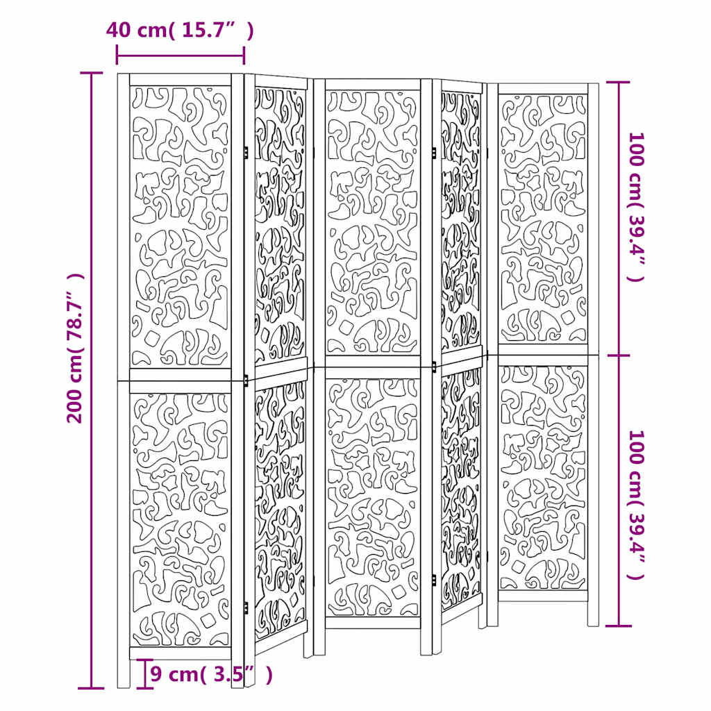 Room divider, 5 panels, white, solid paulownia wood