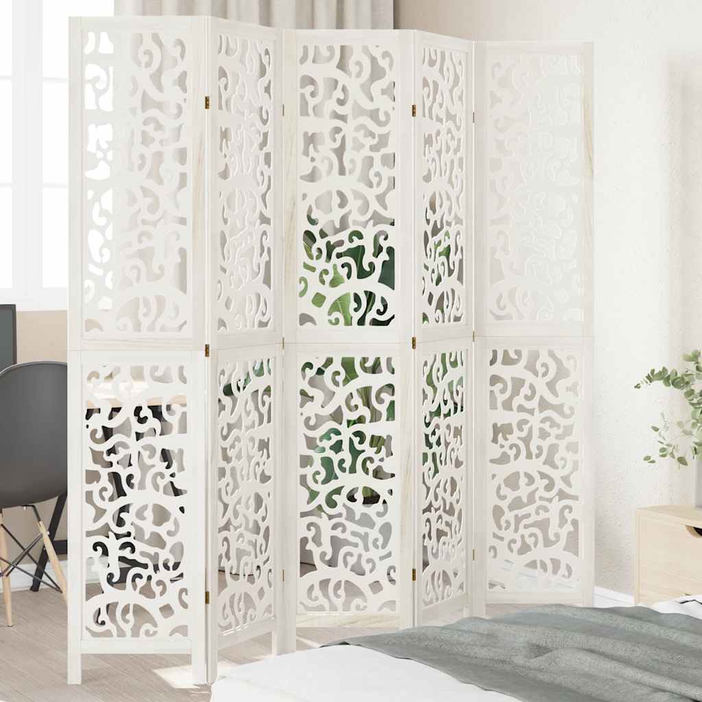 Room divider, 5 panels, white, solid paulownia wood