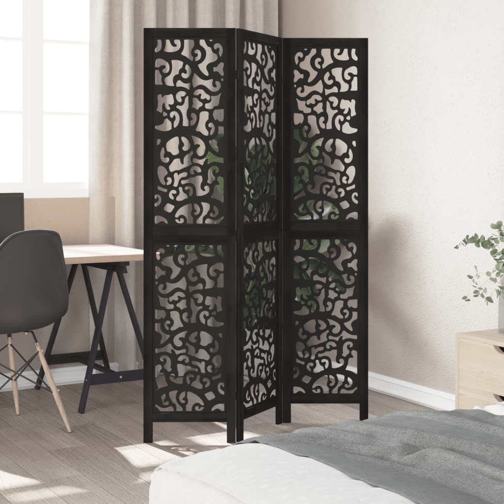 Room divider, 3 panels, black, solid paulownia wood