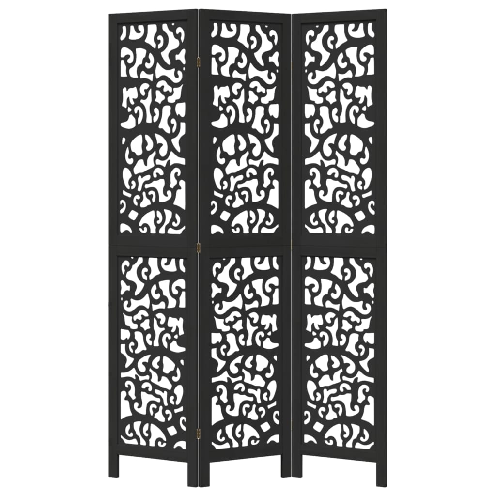 Room divider, 3 panels, black, solid paulownia wood