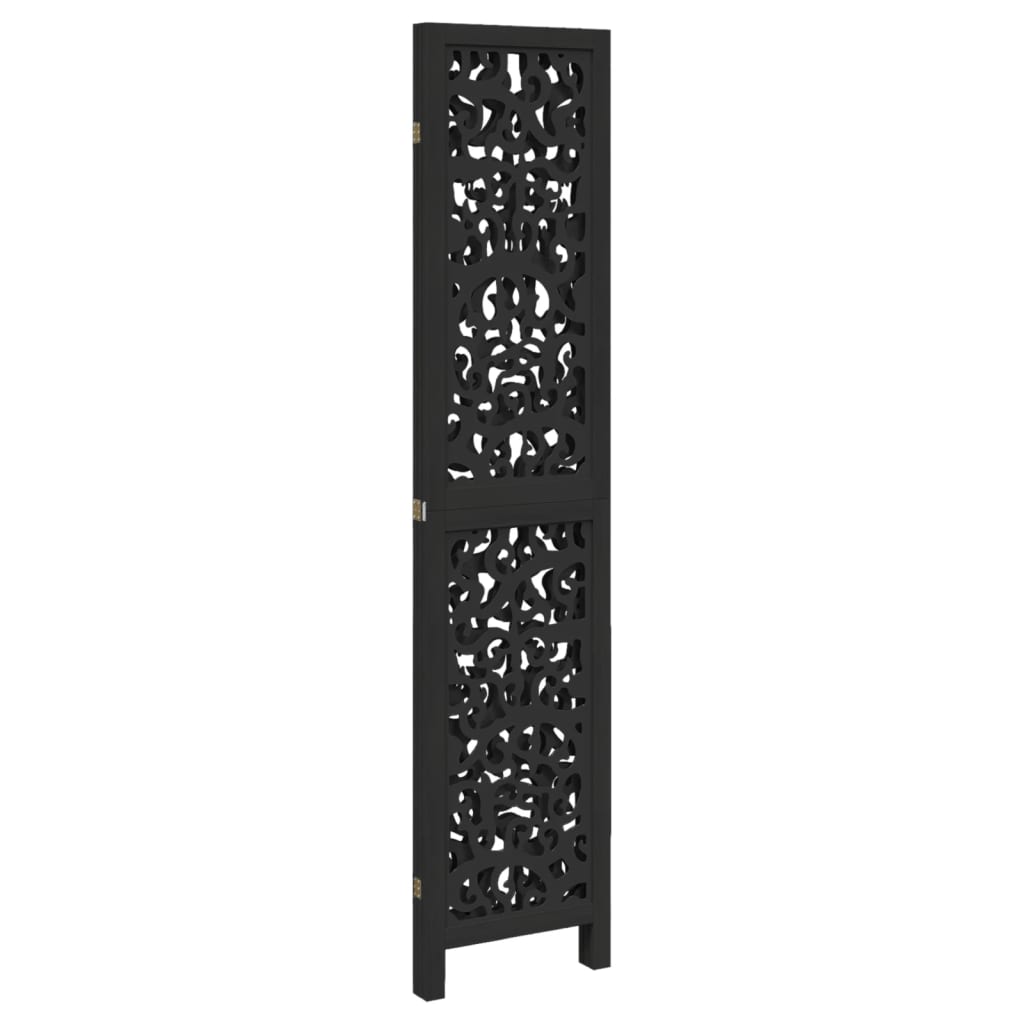 Room divider, 3 panels, black, solid paulownia wood