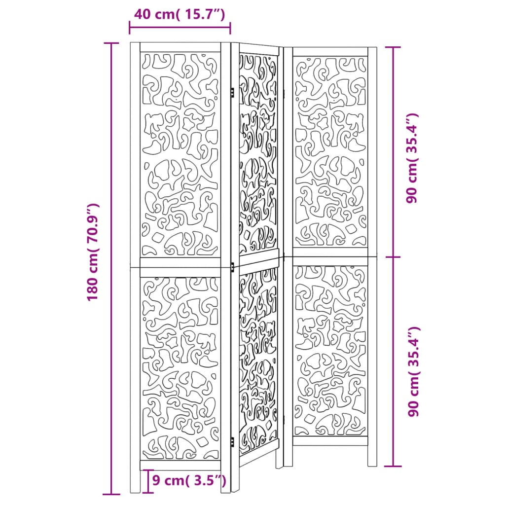 Room divider, 3 panels, black, solid paulownia wood