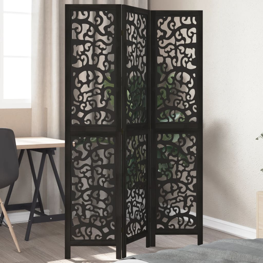 Room divider, 3 panels, black, solid paulownia wood