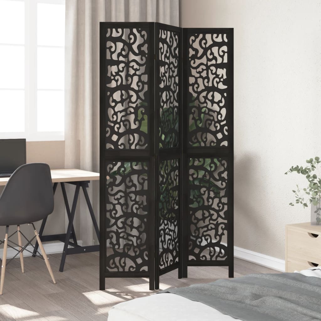 Room divider, 3 panels, black, solid paulownia wood