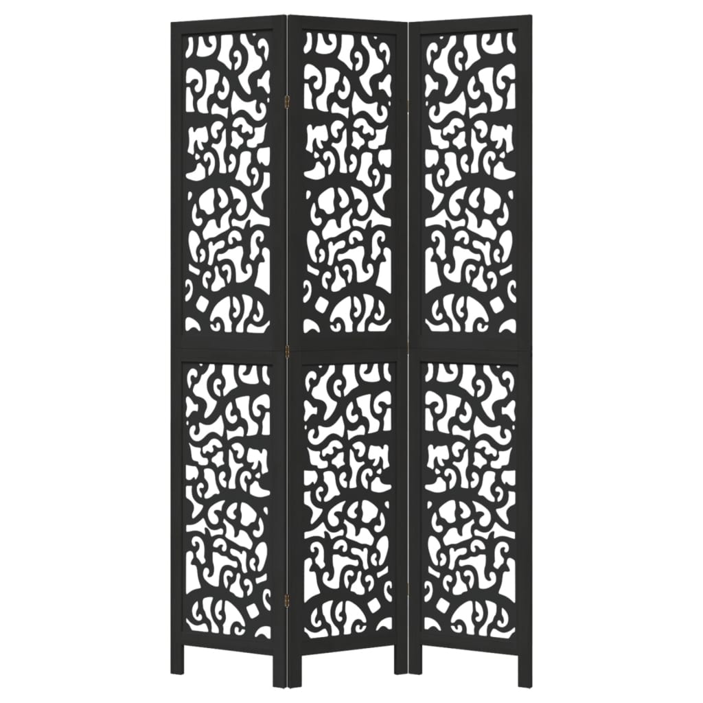 Room divider, 3 panels, black, solid paulownia wood