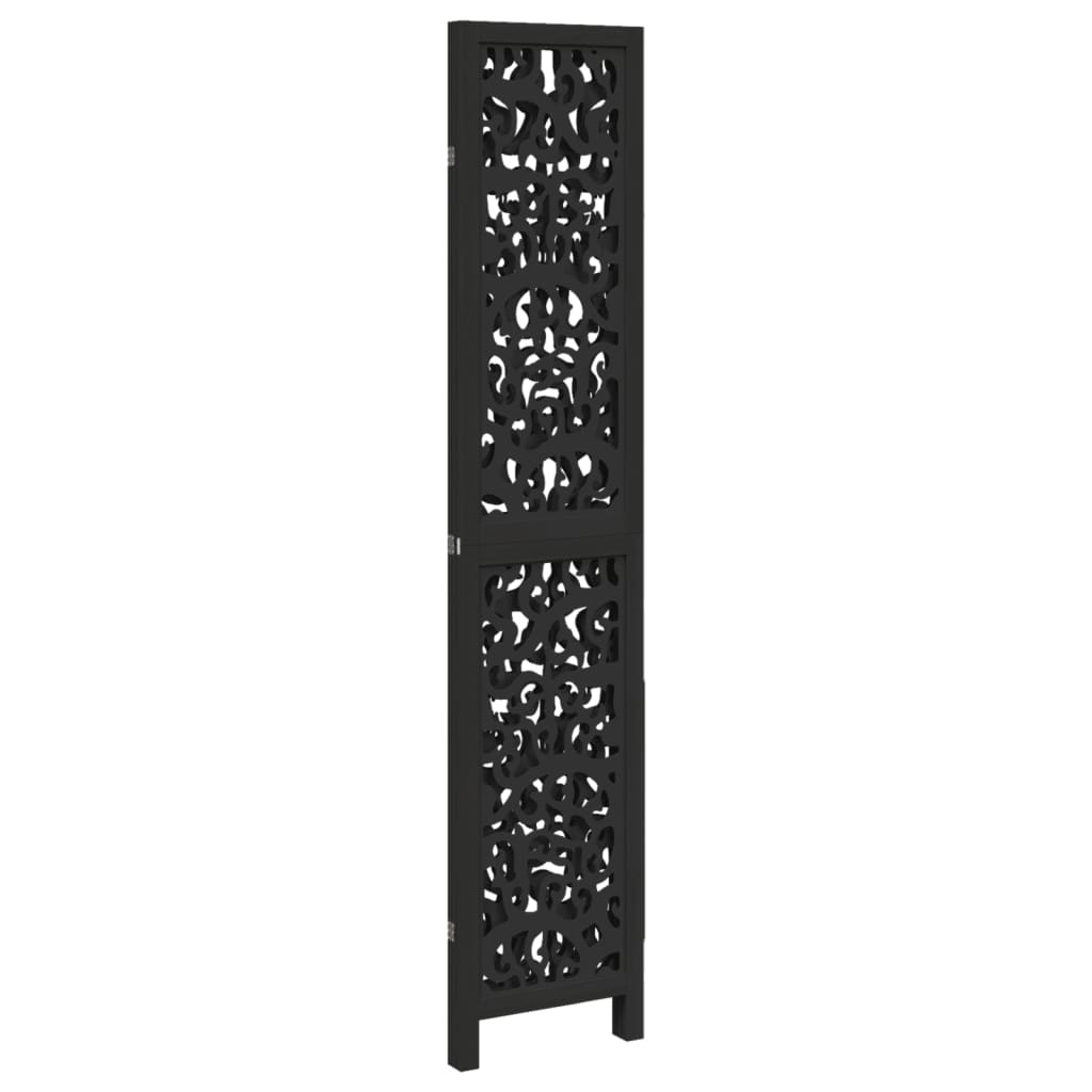 Room divider, 3 panels, black, solid paulownia wood