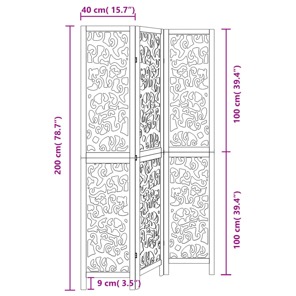 Room divider, 3 panels, black, solid paulownia wood