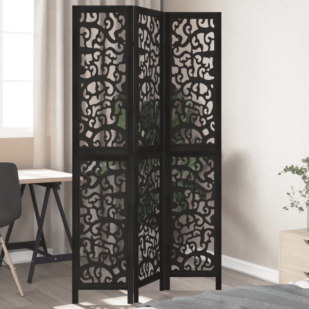 Room divider, 3 panels, black, solid paulownia wood