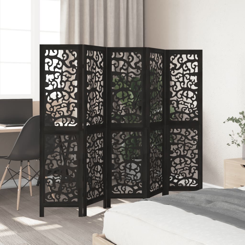Room divider, 5 panels, black, solid paulownia wood