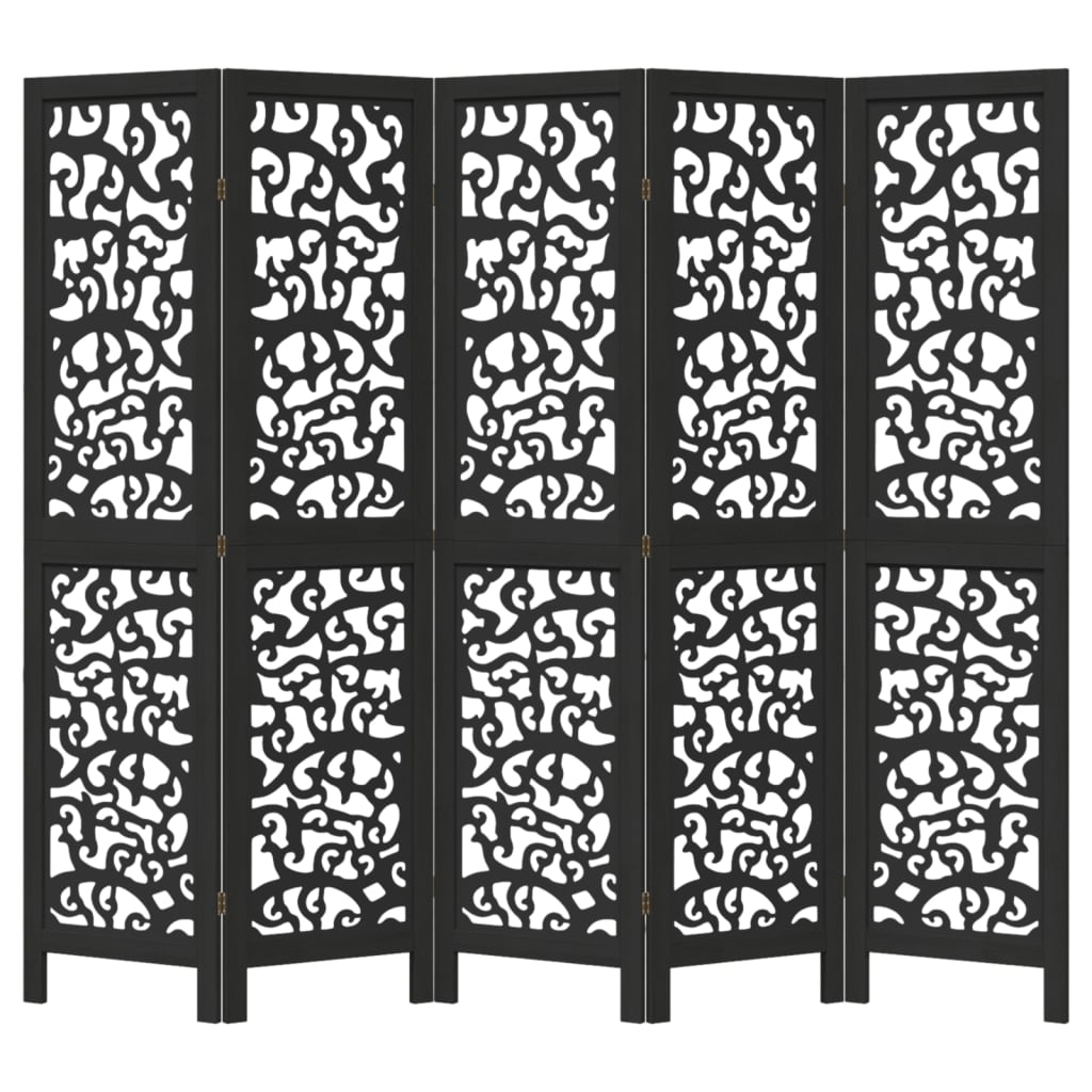 Room divider, 5 panels, black, solid paulownia wood