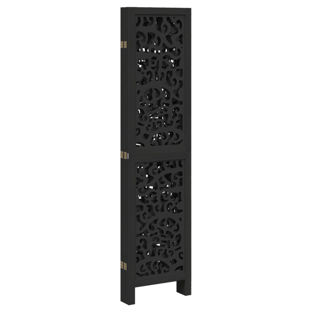 Room divider, 5 panels, black, solid paulownia wood