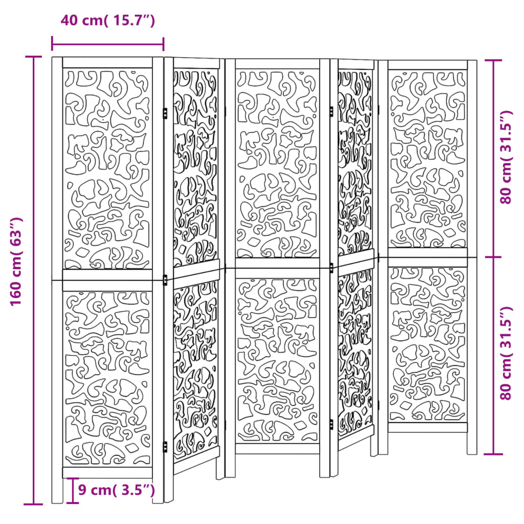 Room divider, 5 panels, black, solid paulownia wood