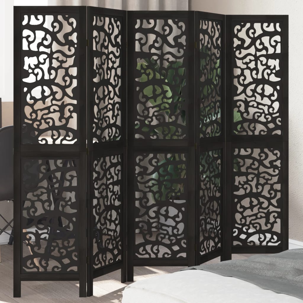 Room divider, 5 panels, black, solid paulownia wood