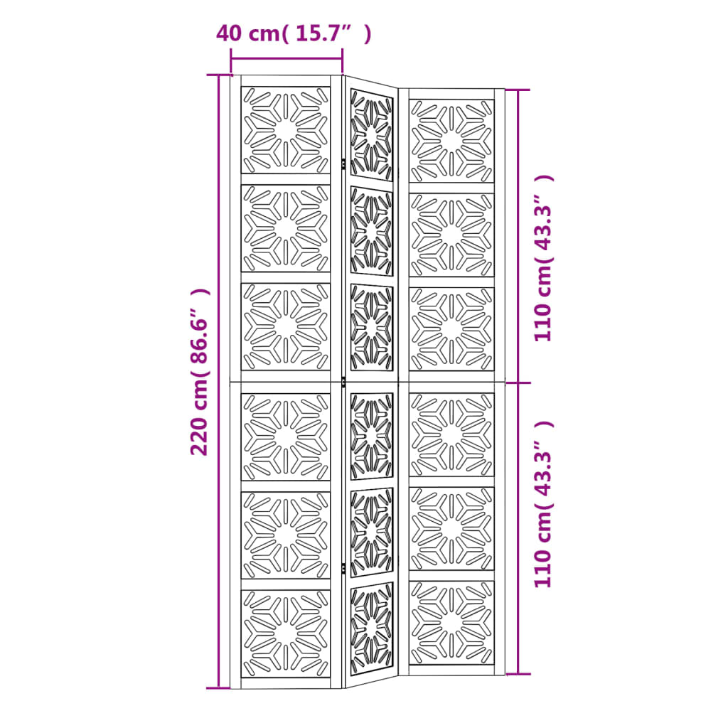 Room divider, 3 segments, brown/black, solid paulownia wood
