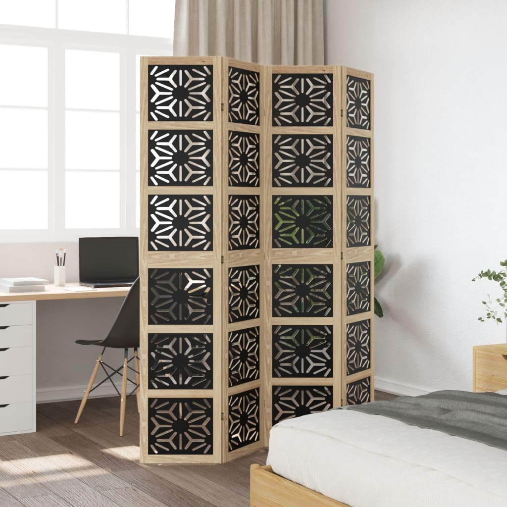 Room divider, 4 segments, brown/black, solid paulownia wood