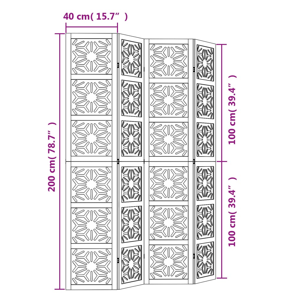 Room divider, 4 segments, brown/black, solid paulownia wood