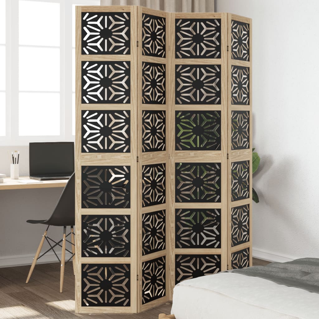 Room divider, 4 segments, brown/black, solid paulownia wood