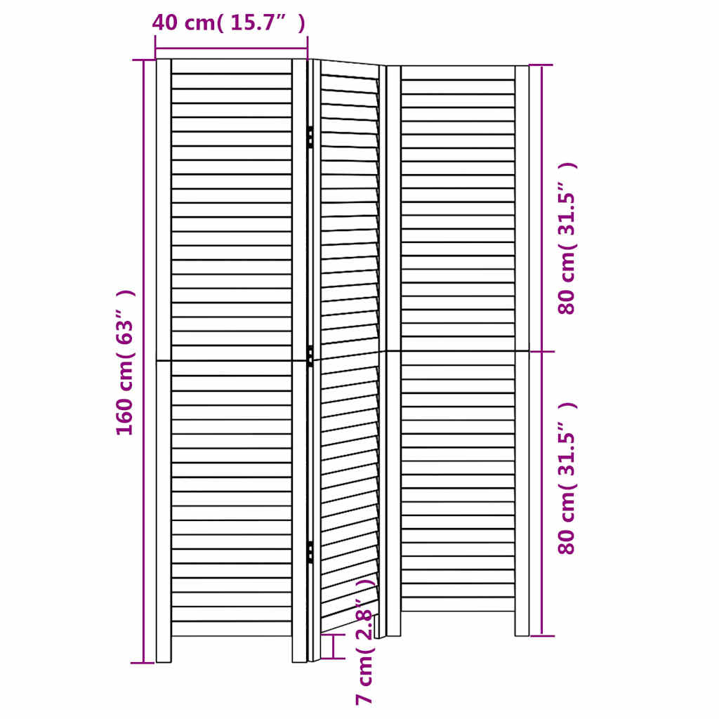Room divider, 3 segments, white, paulownia solid wood