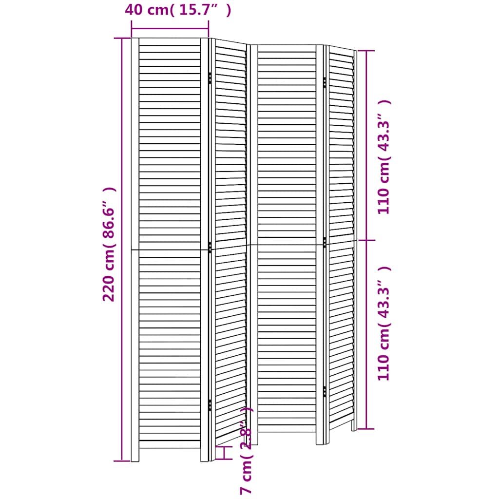 Room divider, 4 segments, white, solid paulownia wood