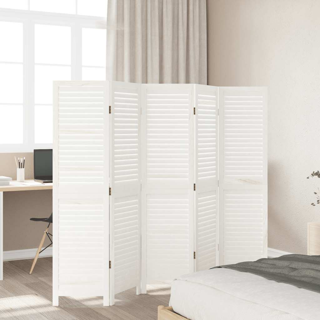 Room divider, 5 panels, white, solid paulownia wood