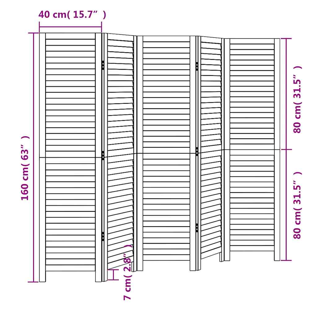 Room divider, 5 panels, white, solid paulownia wood