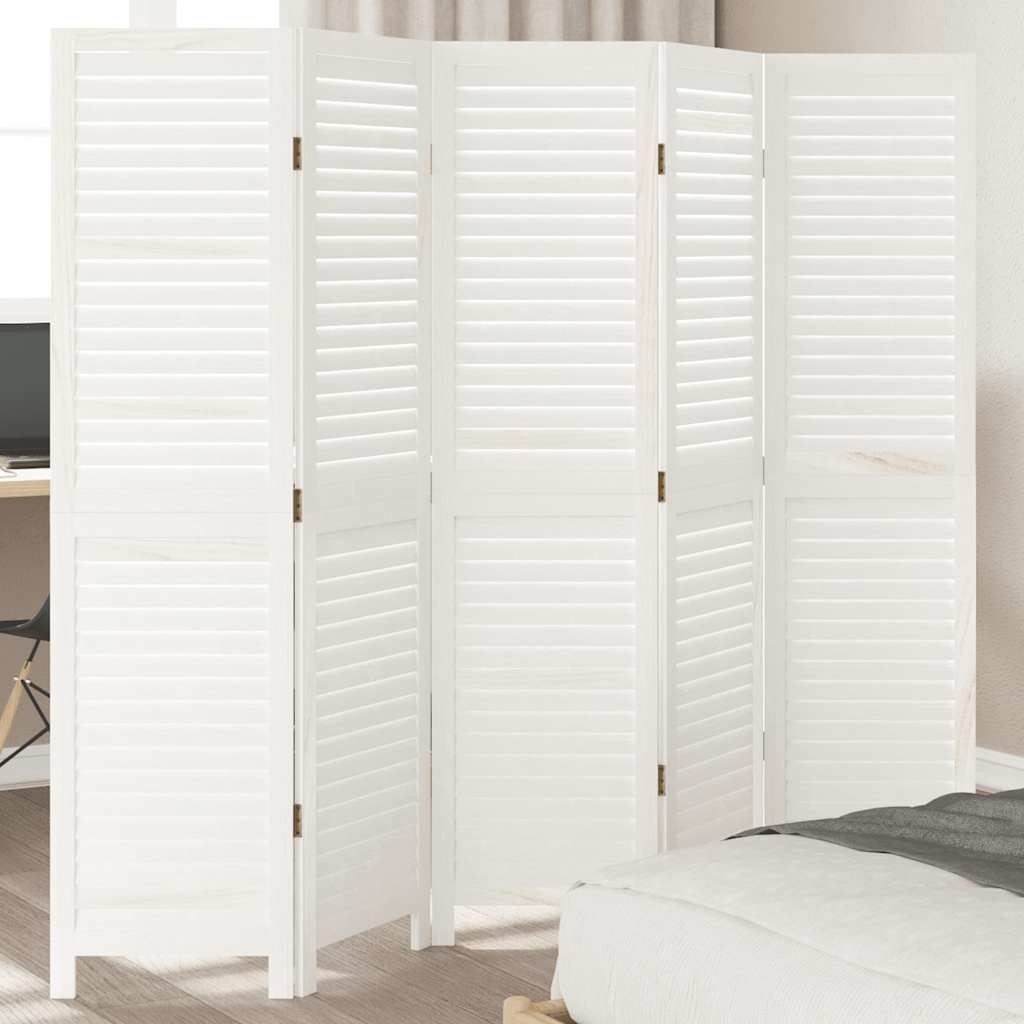 Room divider, 5 panels, white, solid paulownia wood