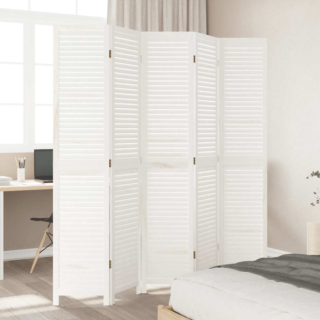 Room divider, 5 panels, white, solid paulownia wood