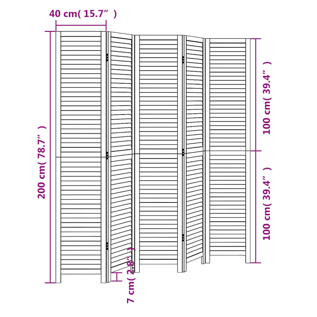 Room divider, 5 panels, white, solid paulownia wood