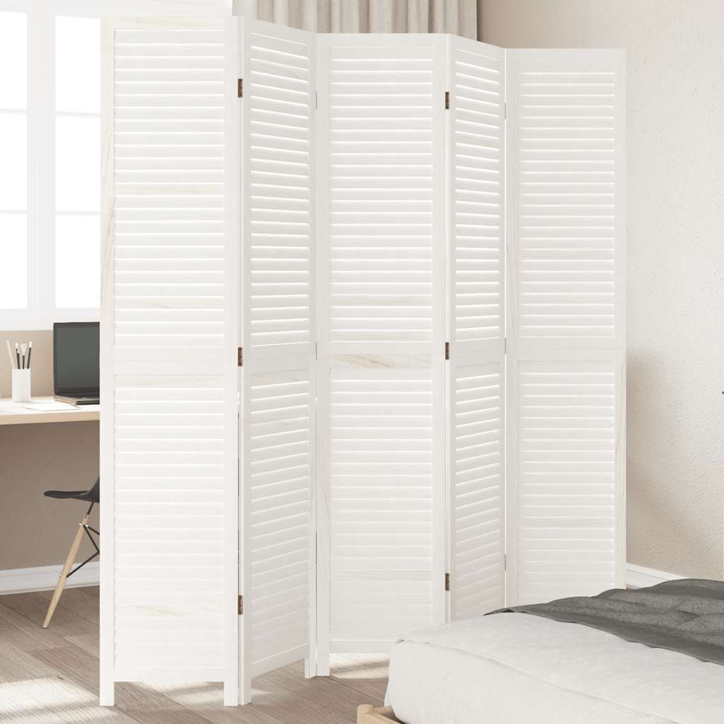 Room divider, 5 panels, white, solid paulownia wood
