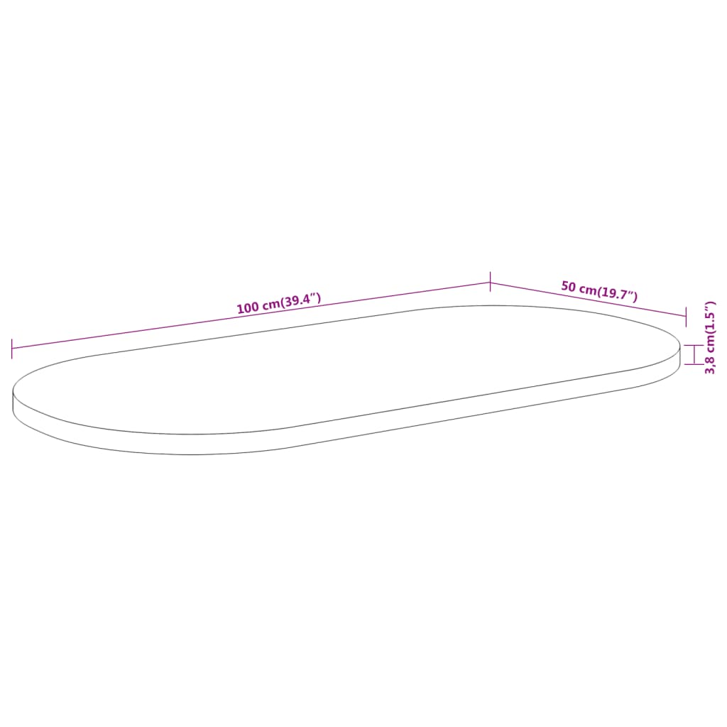 Worktop, 100x50x3.8cm, solid acacia, oval shape