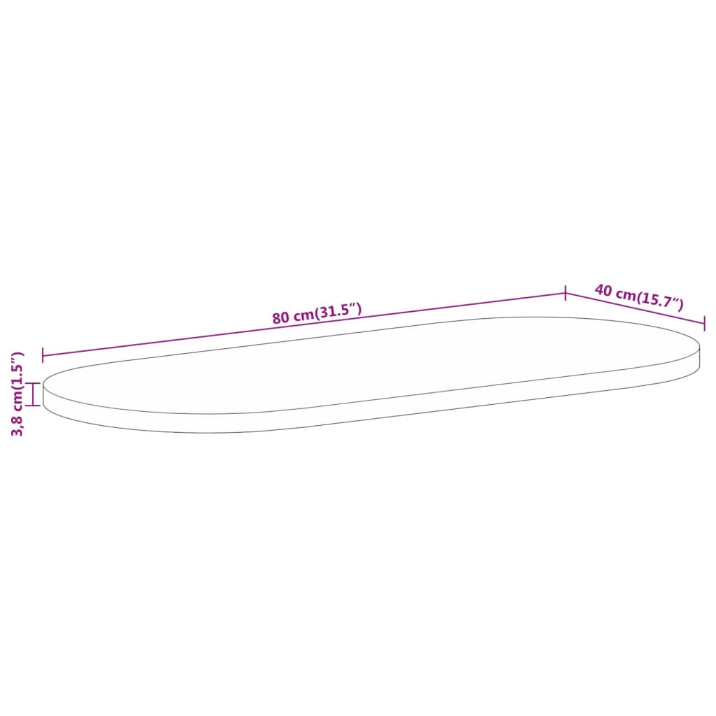 Tabletop, 80x40x3.8cm, solid mango wood, oval shape