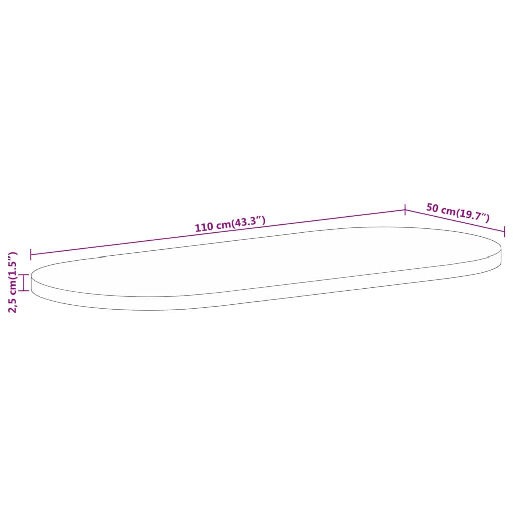 Tabletop, 110x50x2.5cm, solid mango wood, oval shape