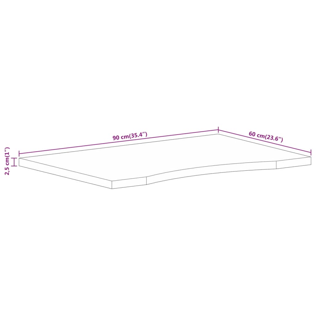 Desk top with curve, 90x60x2.5cm, solid mango wood