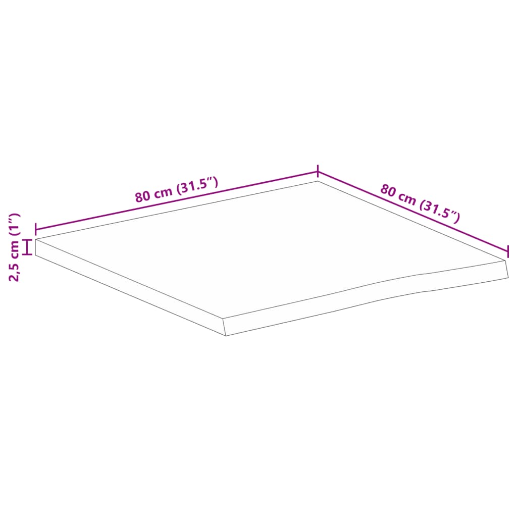 Tabletop, 80x80x2.5cm, solid mango wood, with live edge