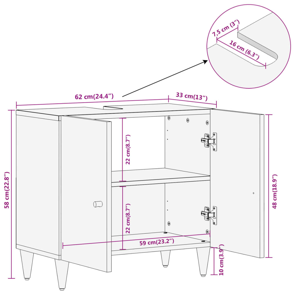 Bathroom vanity unit, 62x33x58cm, solid mango wood
