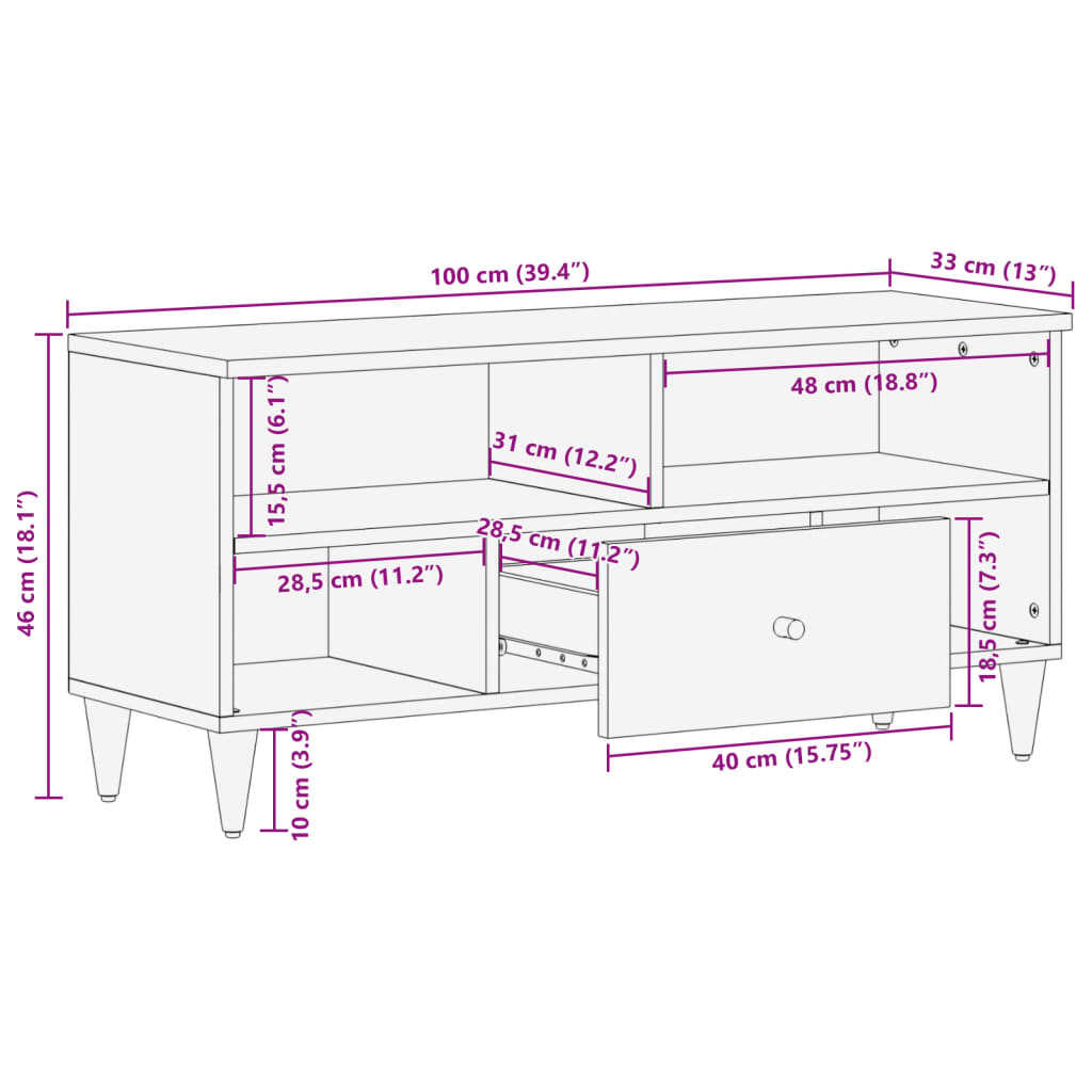 TV cabinet, 100x33x46cm, solid mango wood