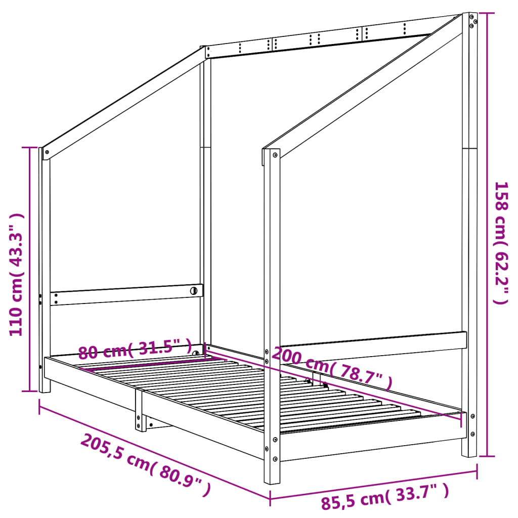 Children's bed frame, black, 80x200cm, solid pine