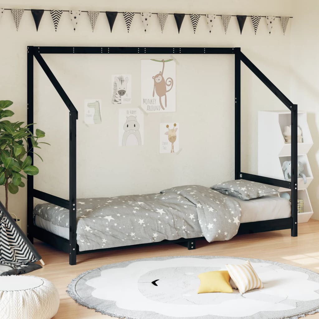 Children's bed frame, black, 80x200cm, solid pine