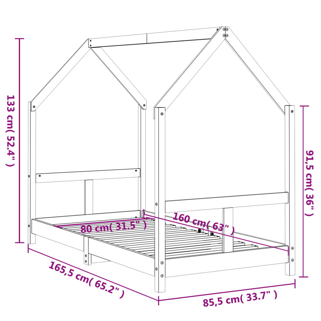 Children's bed frame, white, 80x160cm, solid pine