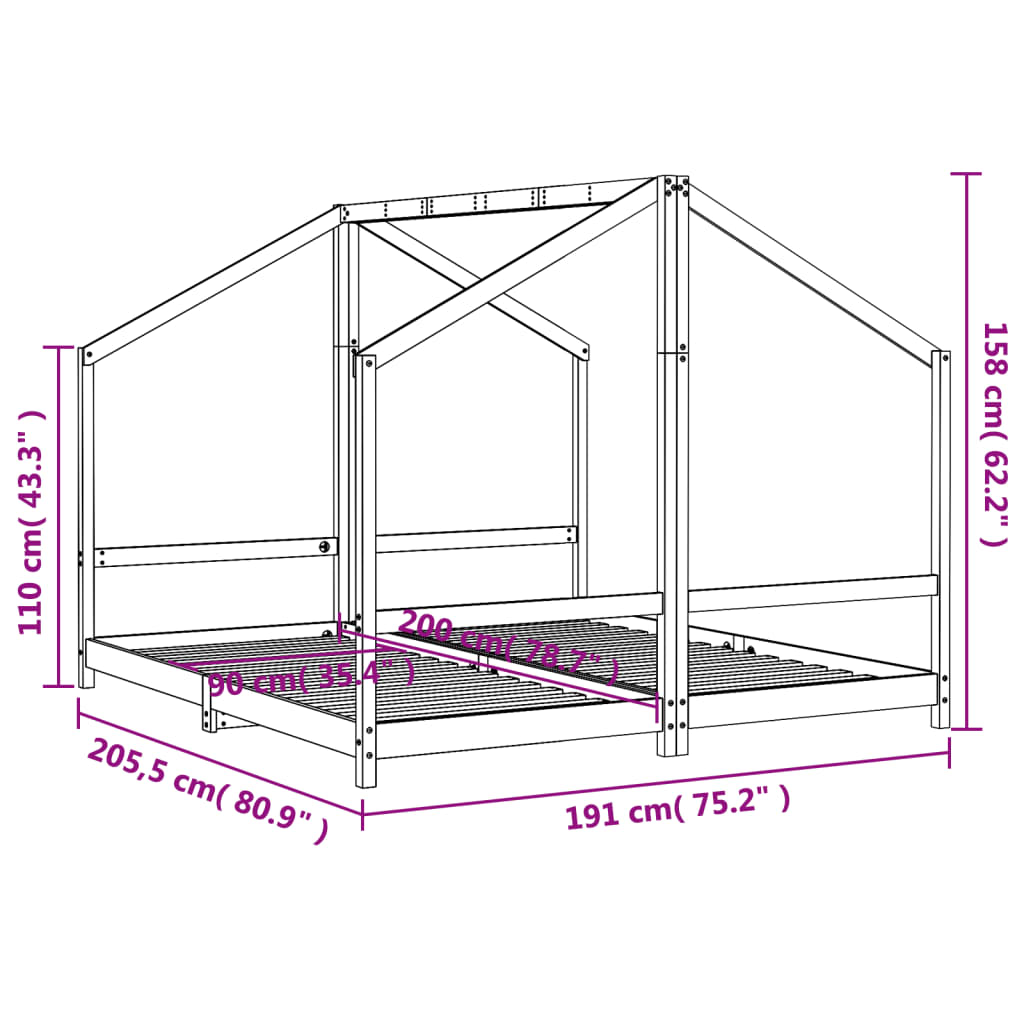 Children's bed frame, 2x(90x200)cm, solid pine