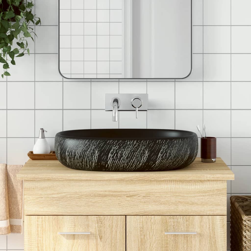 Countertop basin, black, 59x40x14cm, ceramic, oval